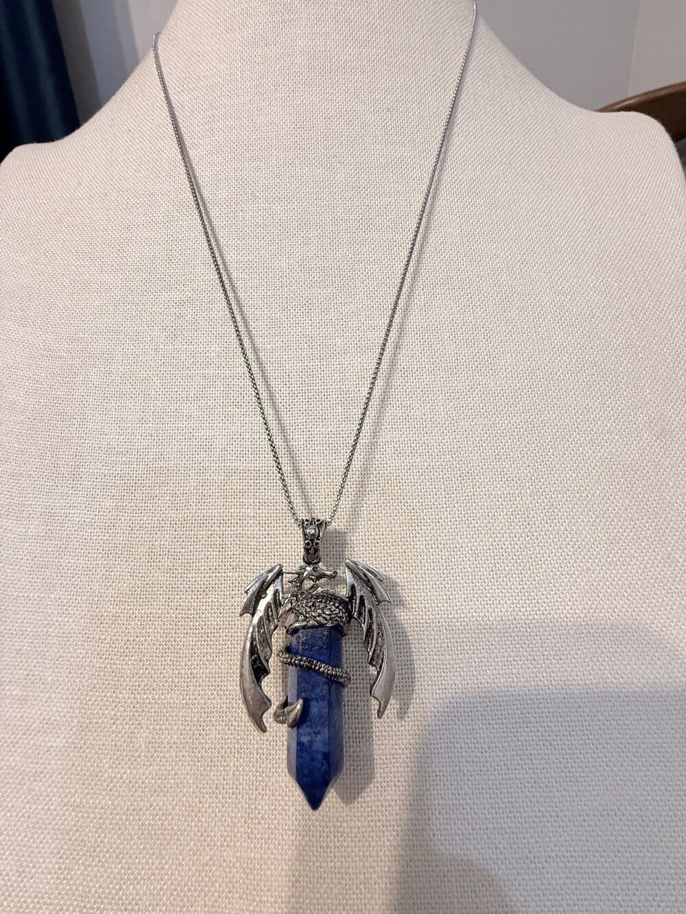 Vintage Dragon Lapis Point Pendant Necklace 22”